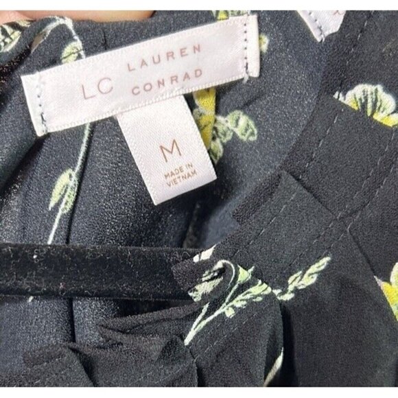Lauren Conrad Dress Black Floral Short Sleeve & Back Neck Tie Size Medium - Picture 6 of 9